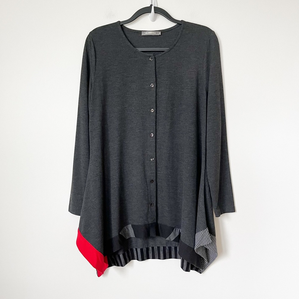 Alembika Asymmetric Hem Button Down Tunic Top Gray Red Womens XL